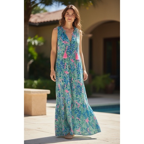 Lilly Pulitzer Dresses & Skirts - Lilly Pulitzer Malone Maxi Dress Soleil Pink MD Sleeveless Floral w/Tassels